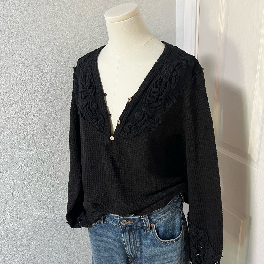 Miss Me Open Weave Waffle Knit Henley Top Crochet Details Summer Sweater Layer - Picture 2 of 12